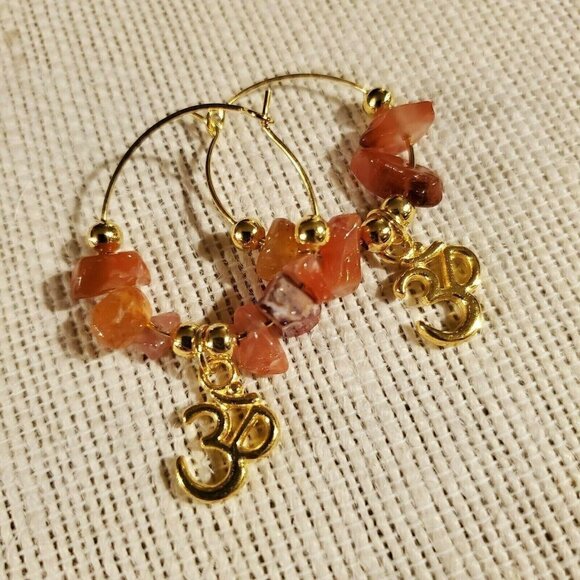 Gemstone Yoga Om Mantra Hoop Earrings 14K Gold Plated Red Agate - Picture 6 of 6